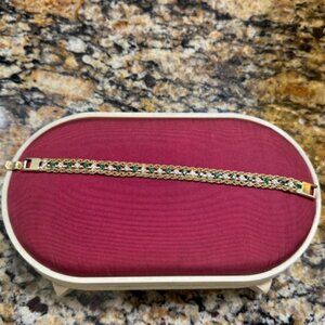 Vintage Gold Tone Rope Chain Bracelet with Clear and Green Crystals 7"